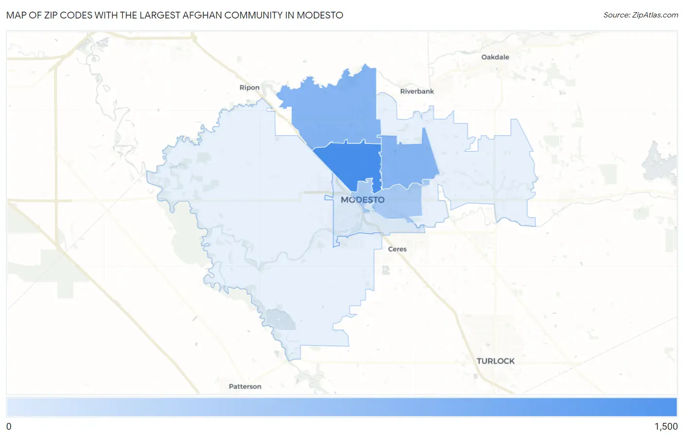 Zip Codes with the Largest Afghan Community in Modesto Map