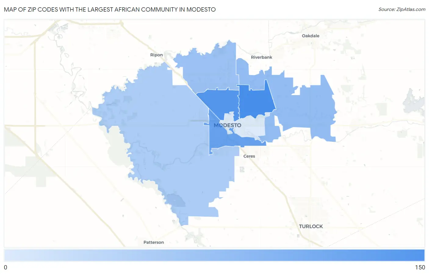 Zip Codes with the Largest African Community in Modesto Map