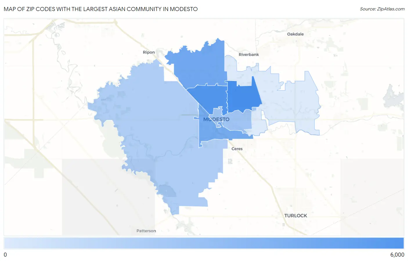Zip Codes with the Largest Asian Community in Modesto Map