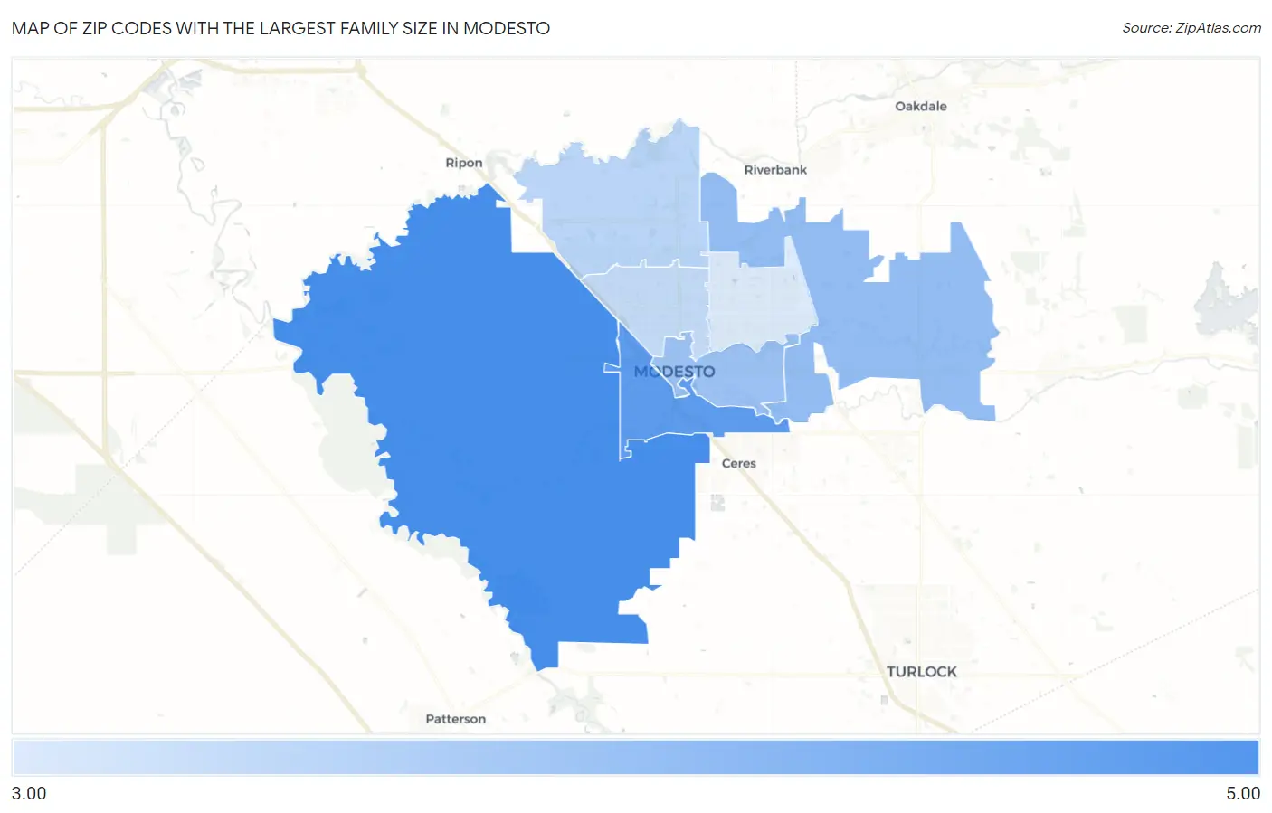 Zip Codes with the Largest Family Size in Modesto Map