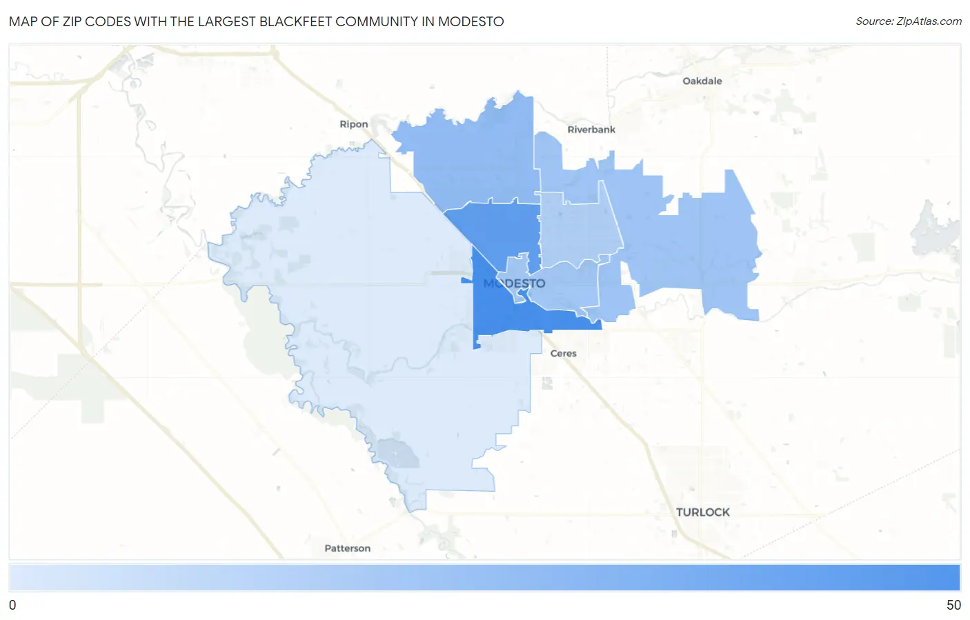 Zip Codes with the Largest Blackfeet Community in Modesto Map