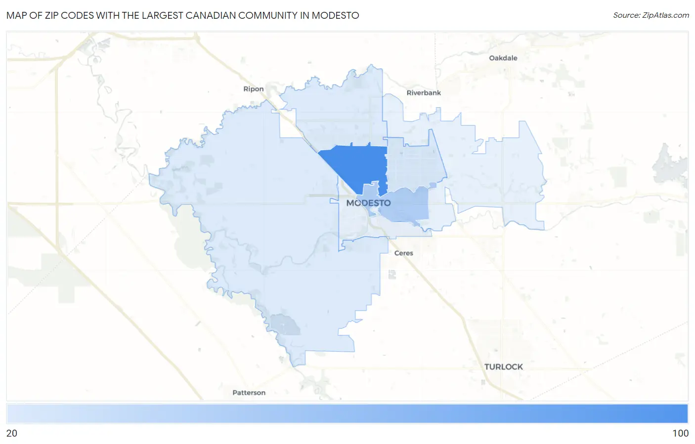 Zip Codes with the Largest Canadian Community in Modesto Map