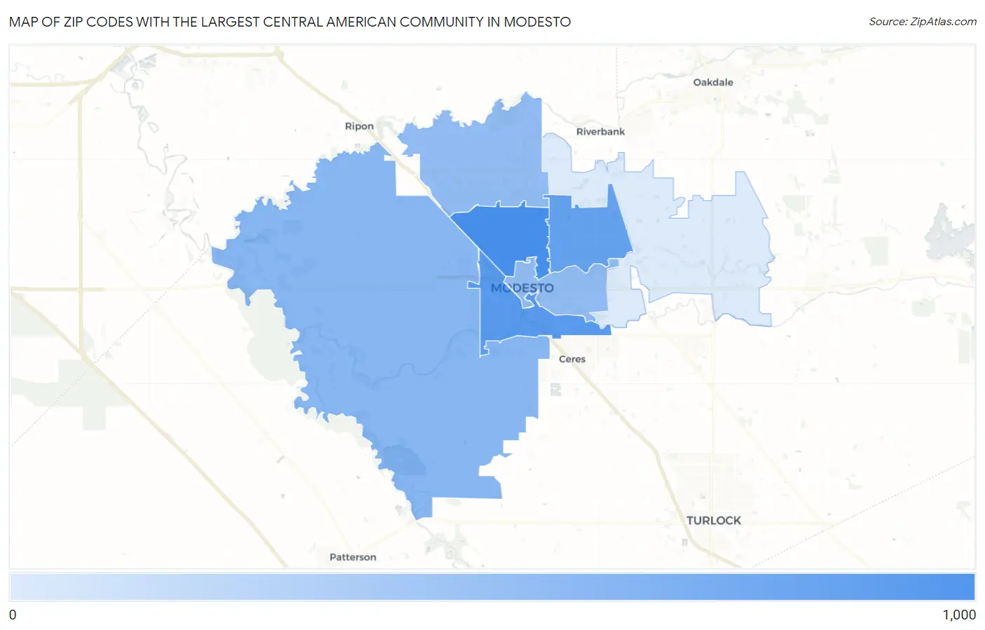 Zip Codes with the Largest Central American Community in Modesto Map