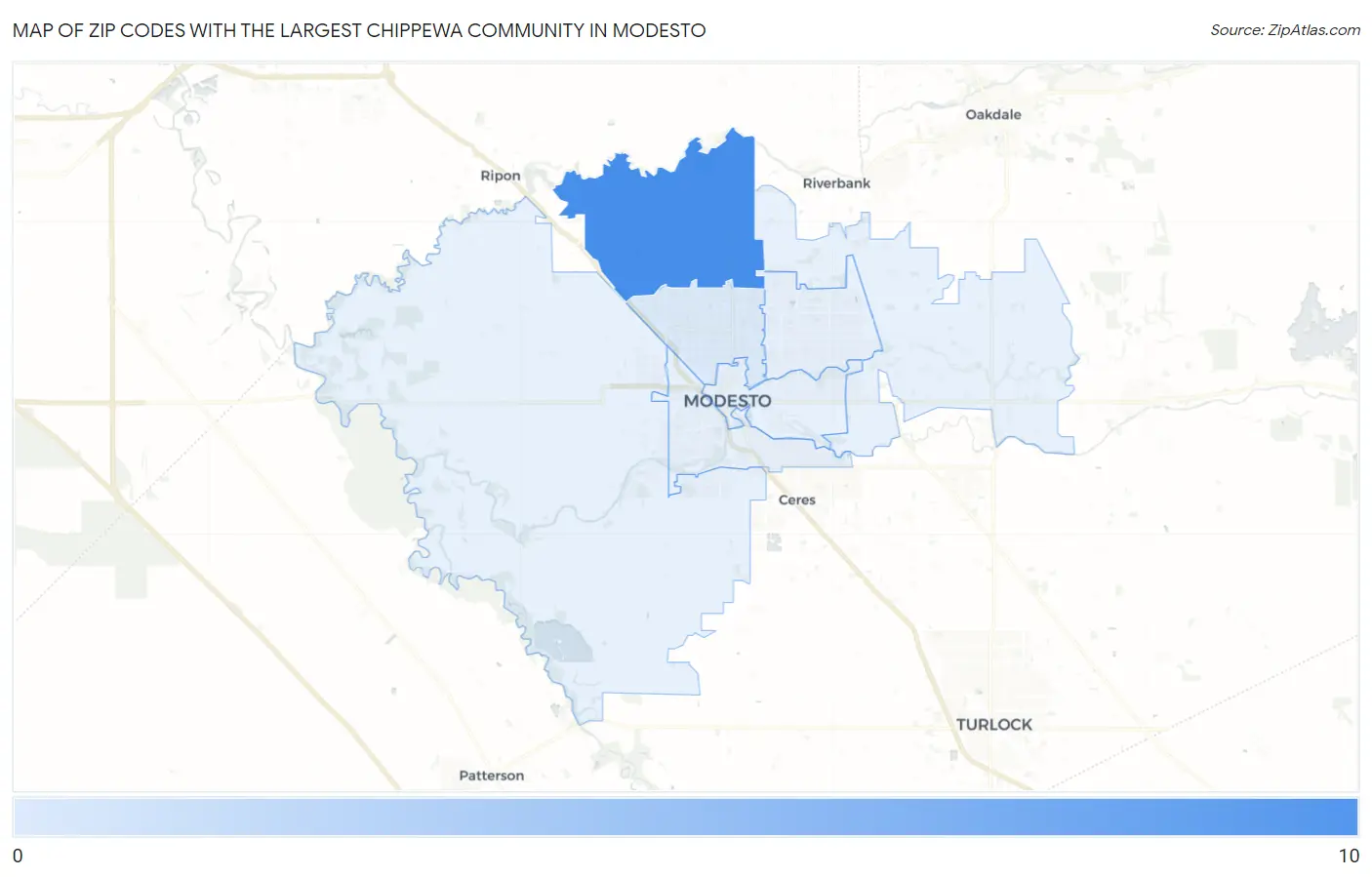 Zip Codes with the Largest Chippewa Community in Modesto Map