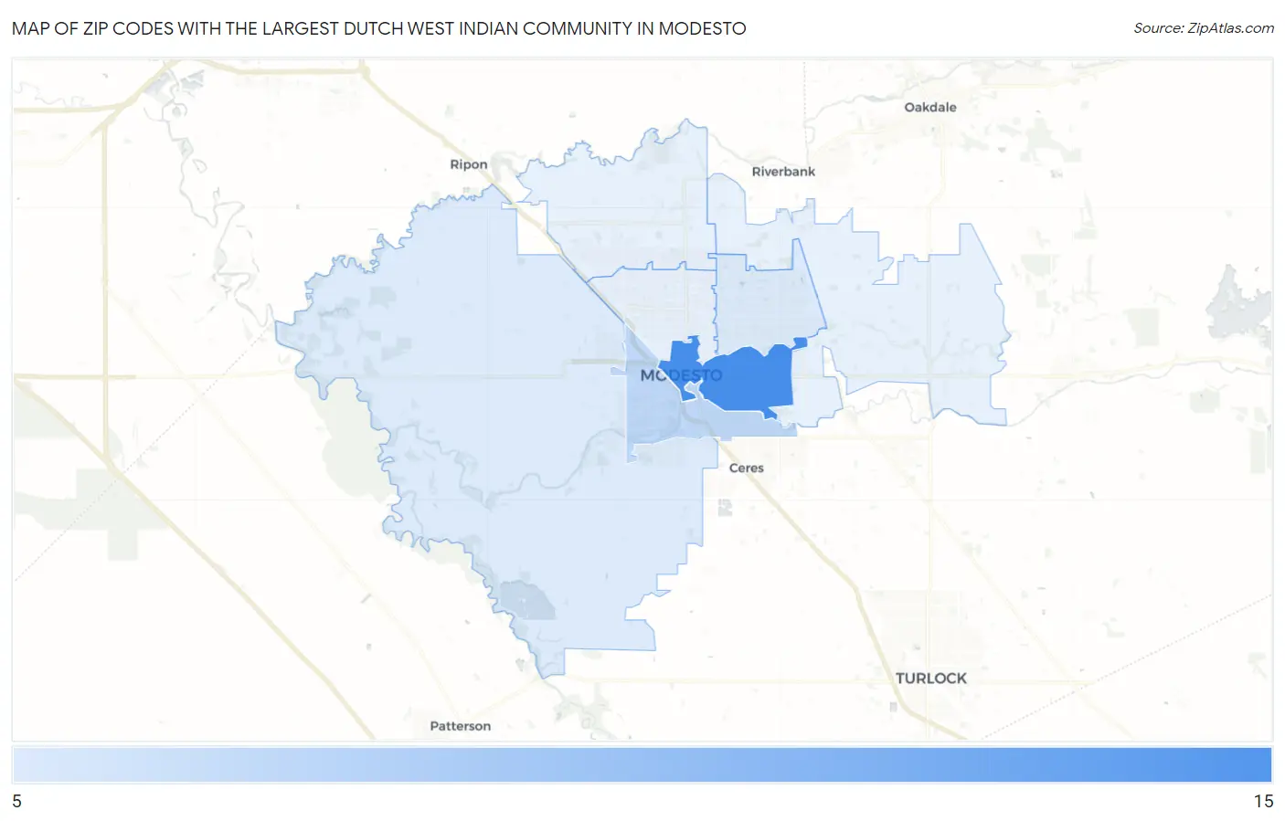 Zip Codes with the Largest Dutch West Indian Community in Modesto Map