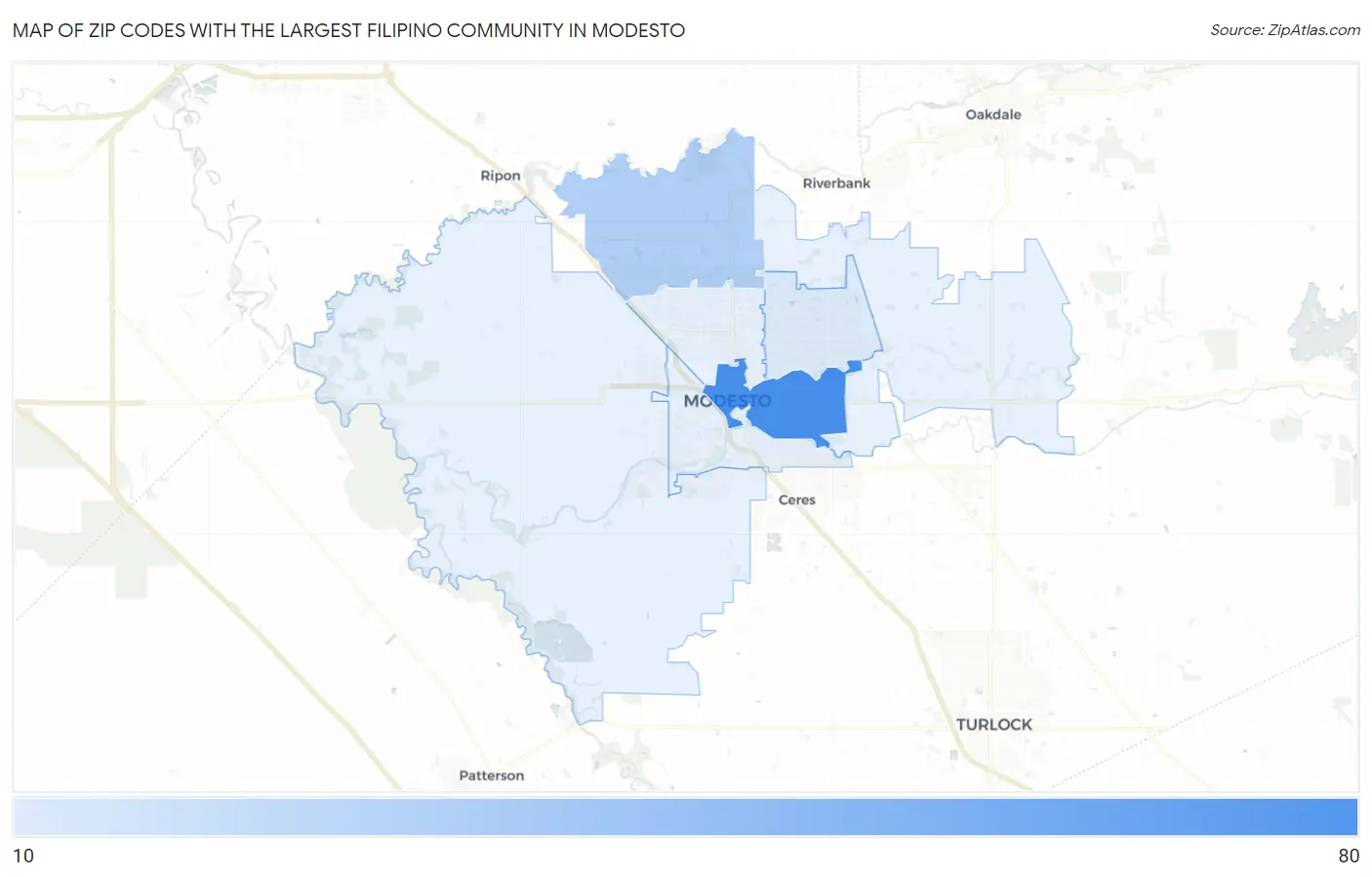 Zip Codes with the Largest Filipino Community in Modesto Map