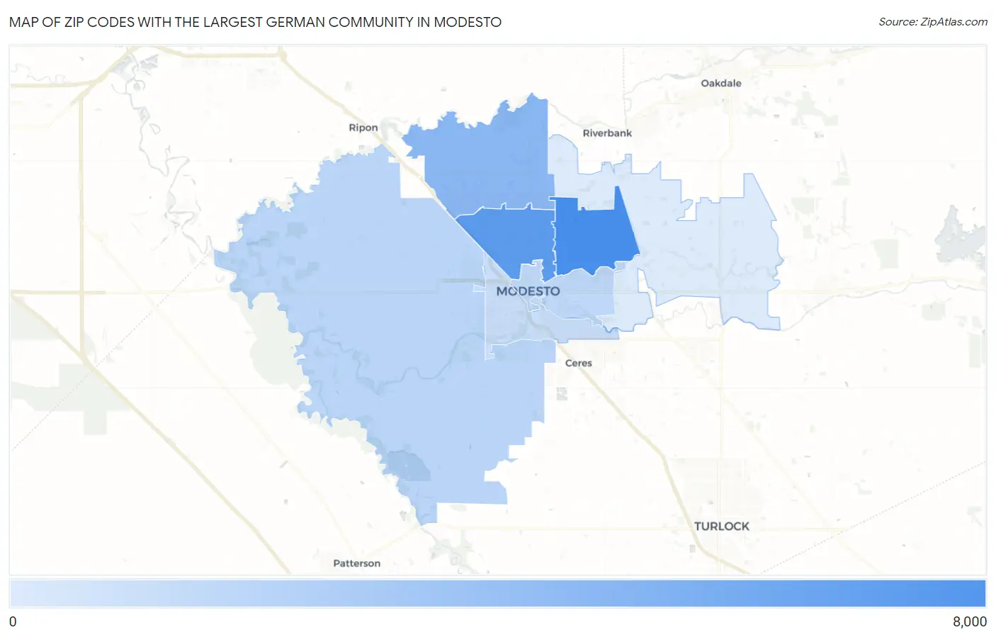 Zip Codes with the Largest German Community in Modesto Map