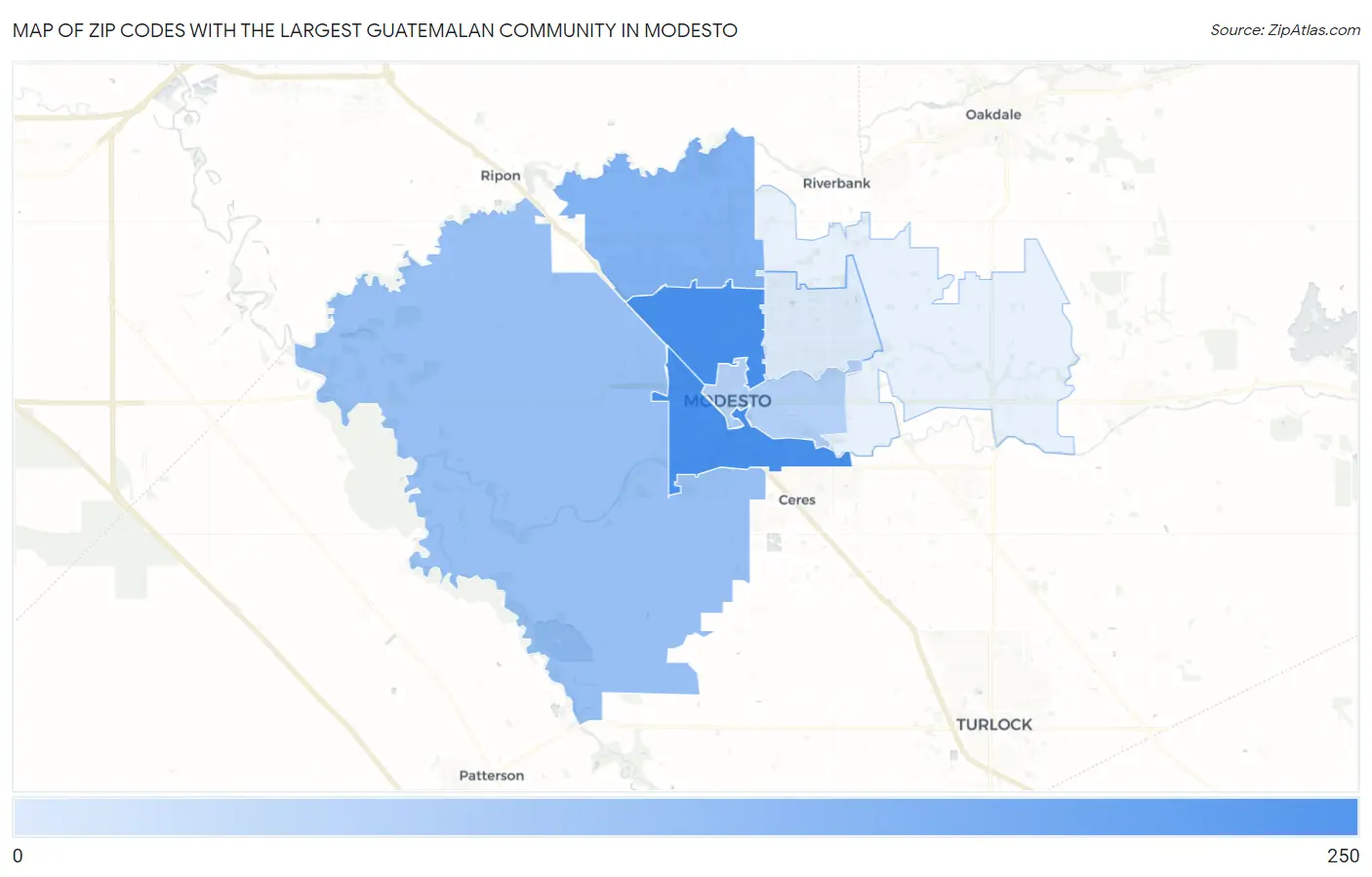 Zip Codes with the Largest Guatemalan Community in Modesto Map