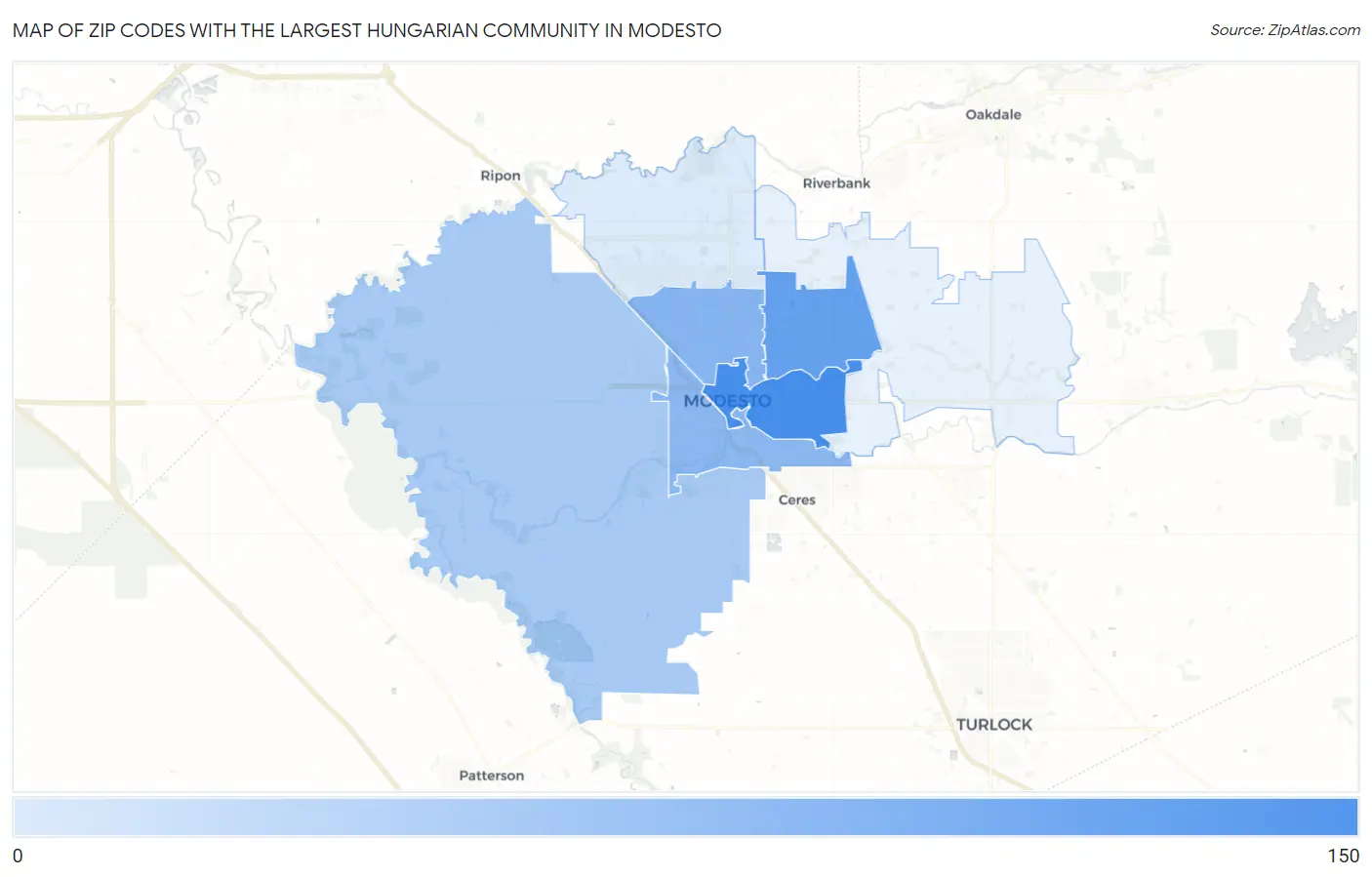 Zip Codes with the Largest Hungarian Community in Modesto Map