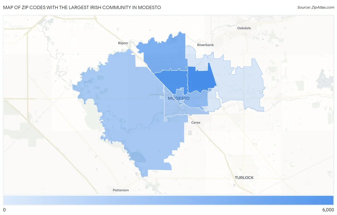 Zip Codes with the Largest Irish Community in Modesto Map