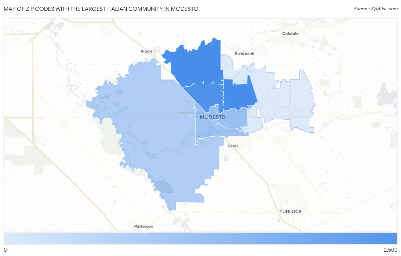 Zip Codes with the Largest Italian Community in Modesto Map