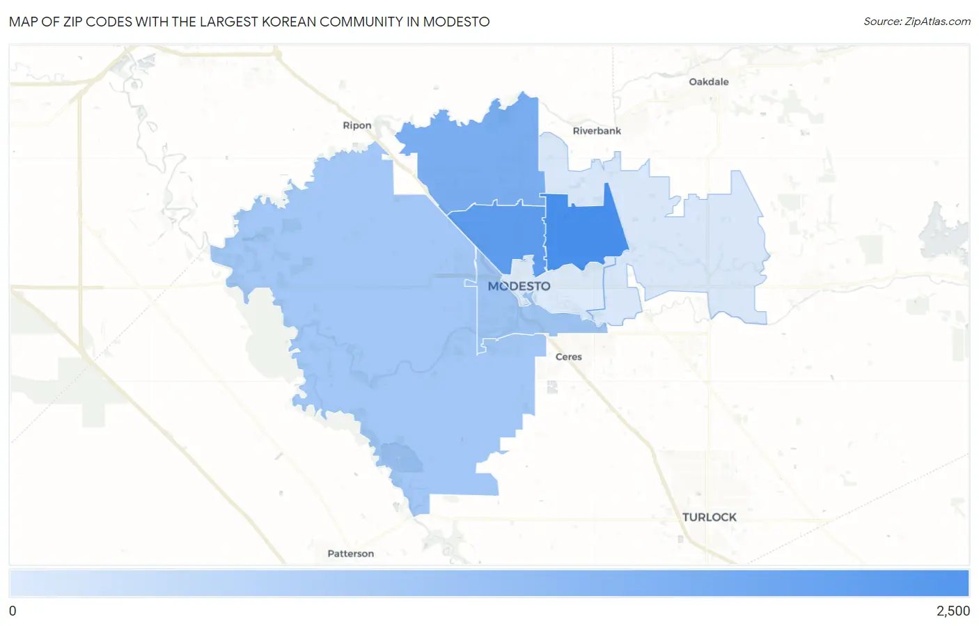 Zip Codes with the Largest Korean Community in Modesto Map