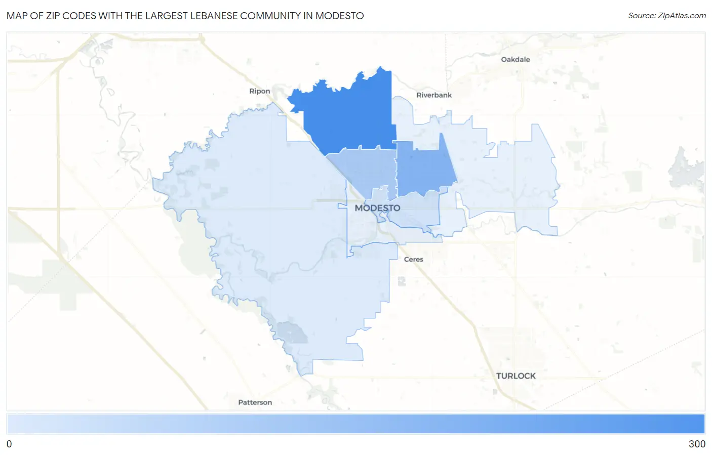 Zip Codes with the Largest Lebanese Community in Modesto Map