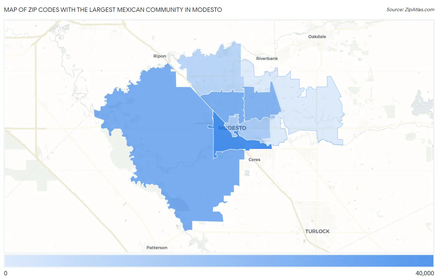 Zip Codes with the Largest Mexican Community in Modesto Map