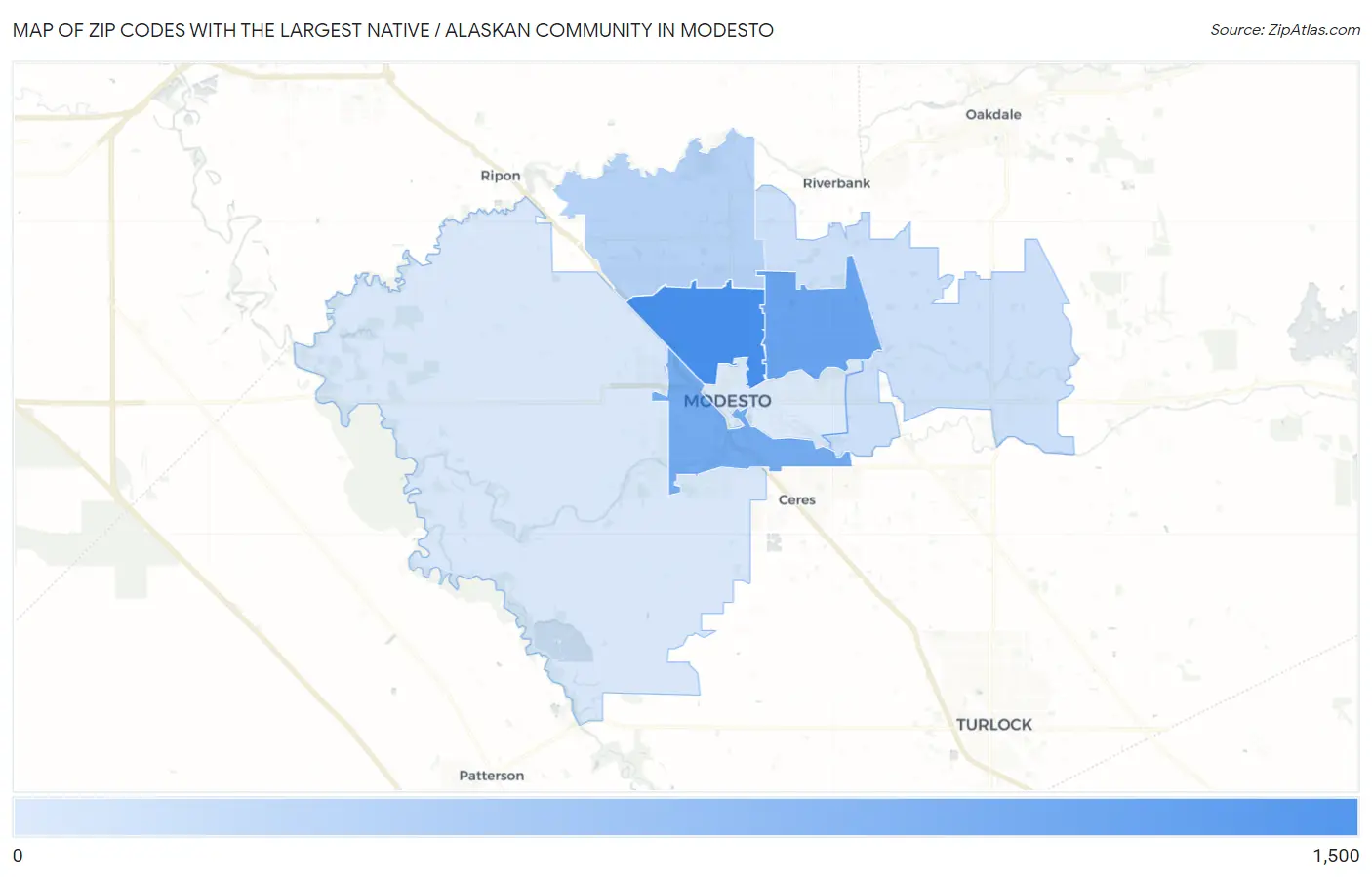 Zip Codes with the Largest Native / Alaskan Community in Modesto Map