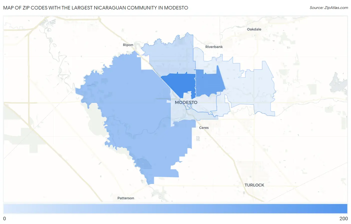 Zip Codes with the Largest Nicaraguan Community in Modesto Map