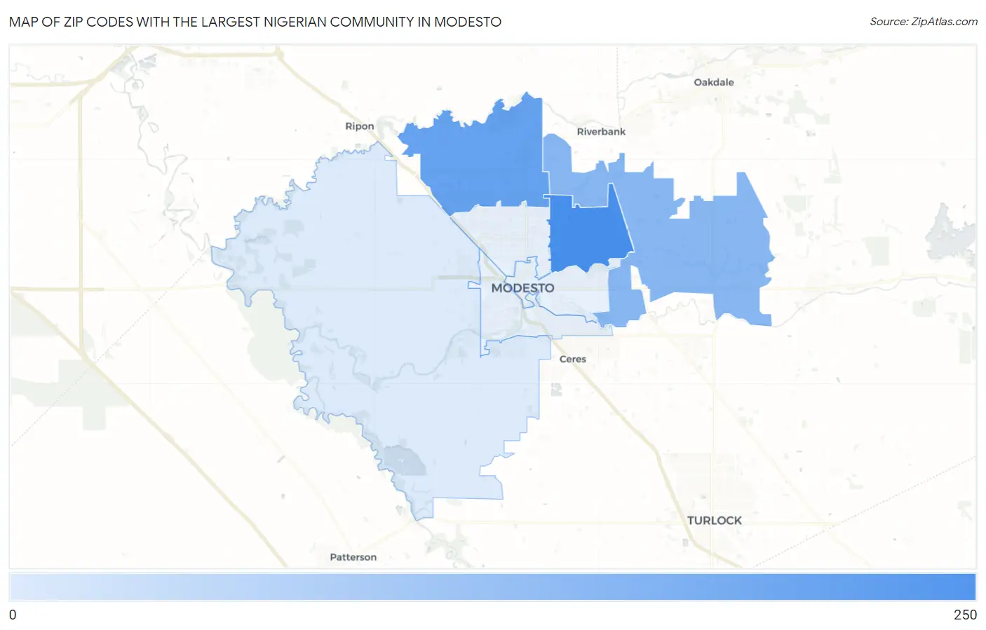 Zip Codes with the Largest Nigerian Community in Modesto Map