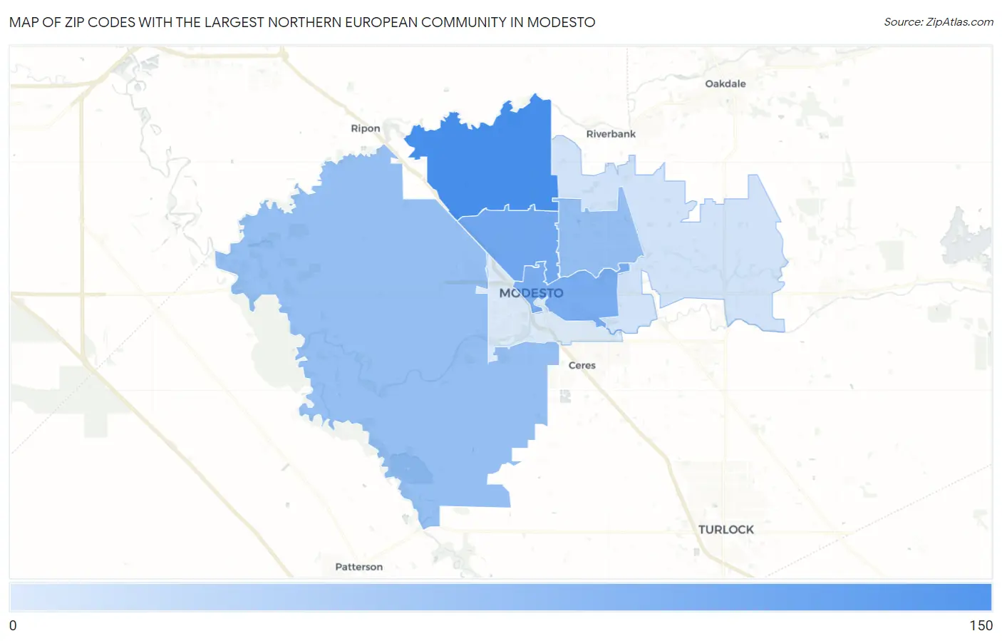 Zip Codes with the Largest Northern European Community in Modesto Map