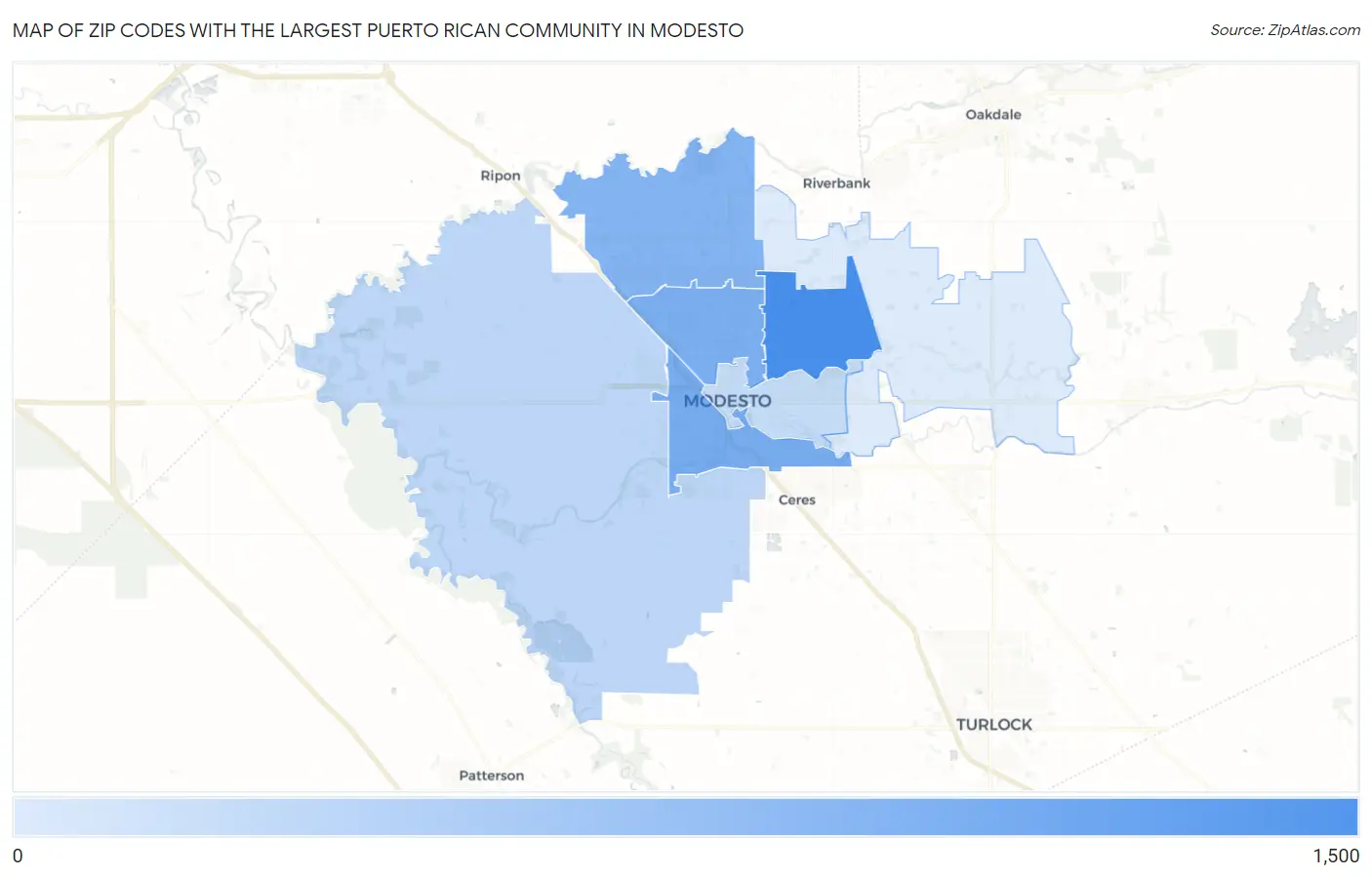 Zip Codes with the Largest Puerto Rican Community in Modesto Map