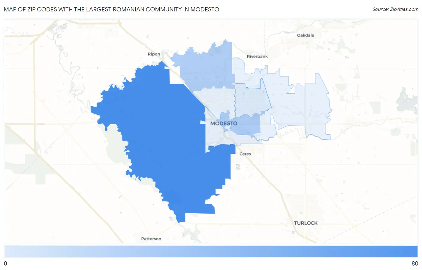 Zip Codes with the Largest Romanian Community in Modesto Map
