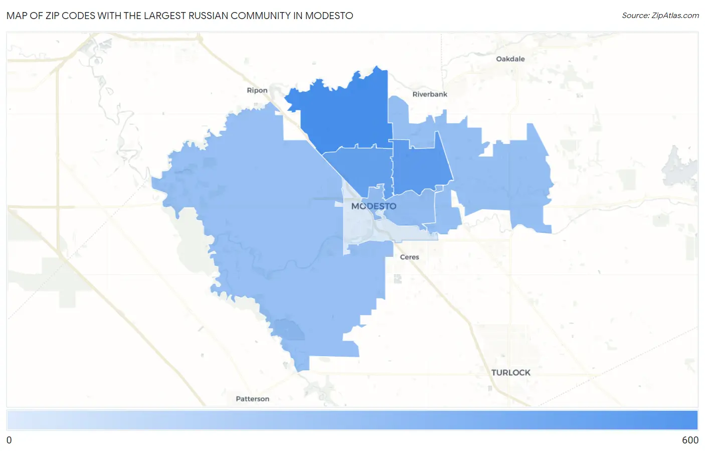 Zip Codes with the Largest Russian Community in Modesto Map