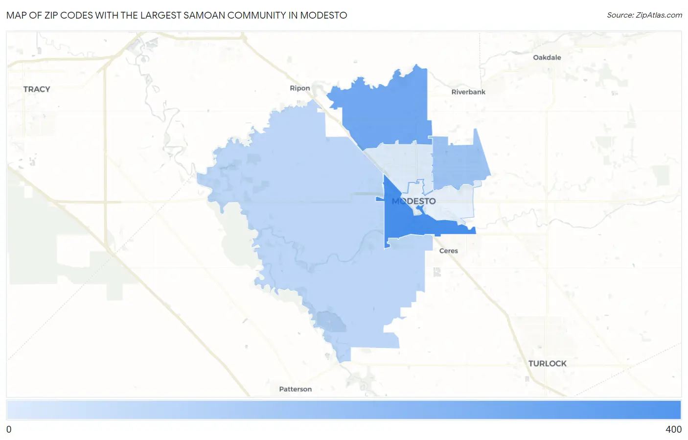 Zip Codes with the Largest Samoan Community in Modesto Map