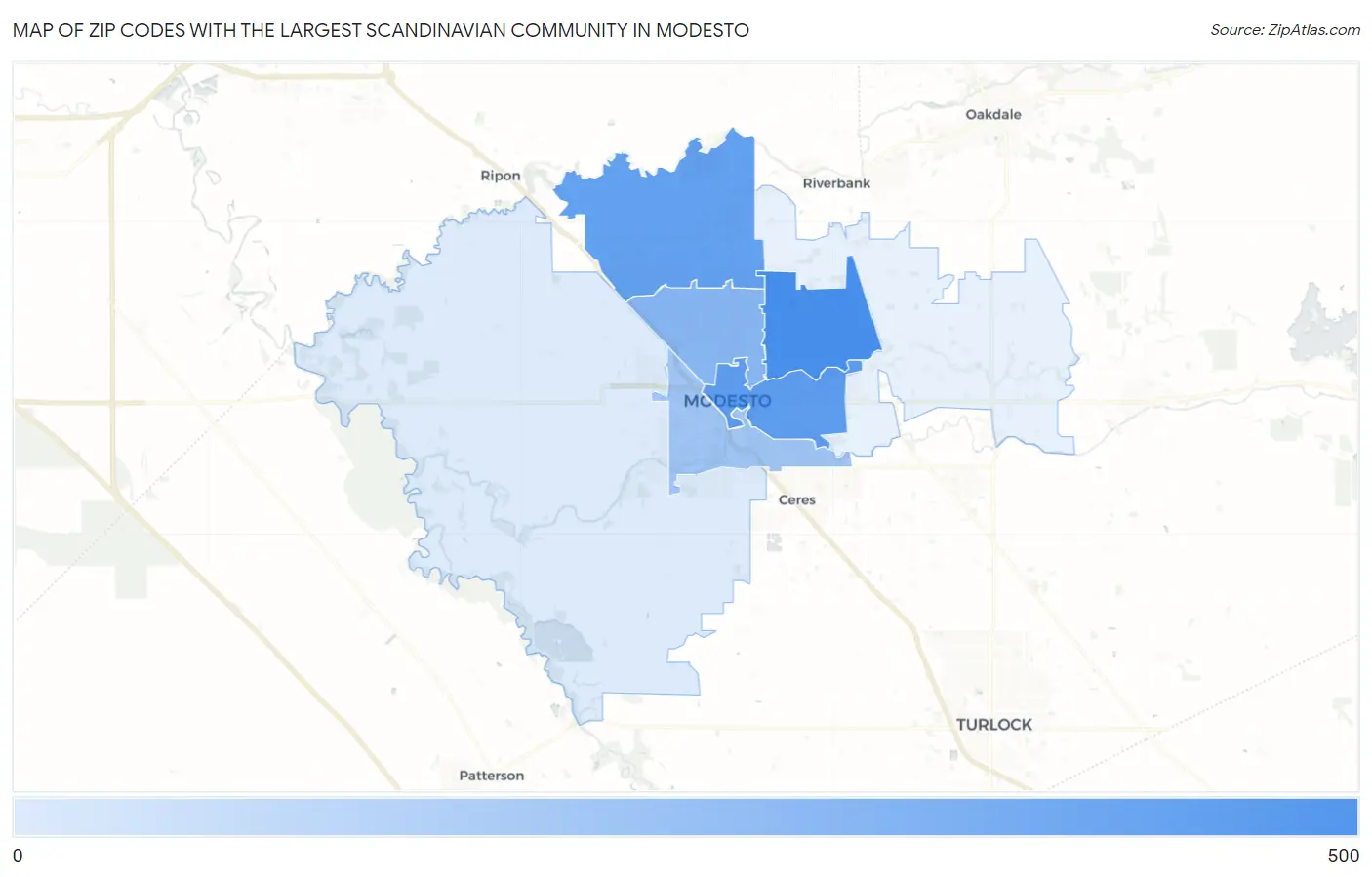 Zip Codes with the Largest Scandinavian Community in Modesto Map