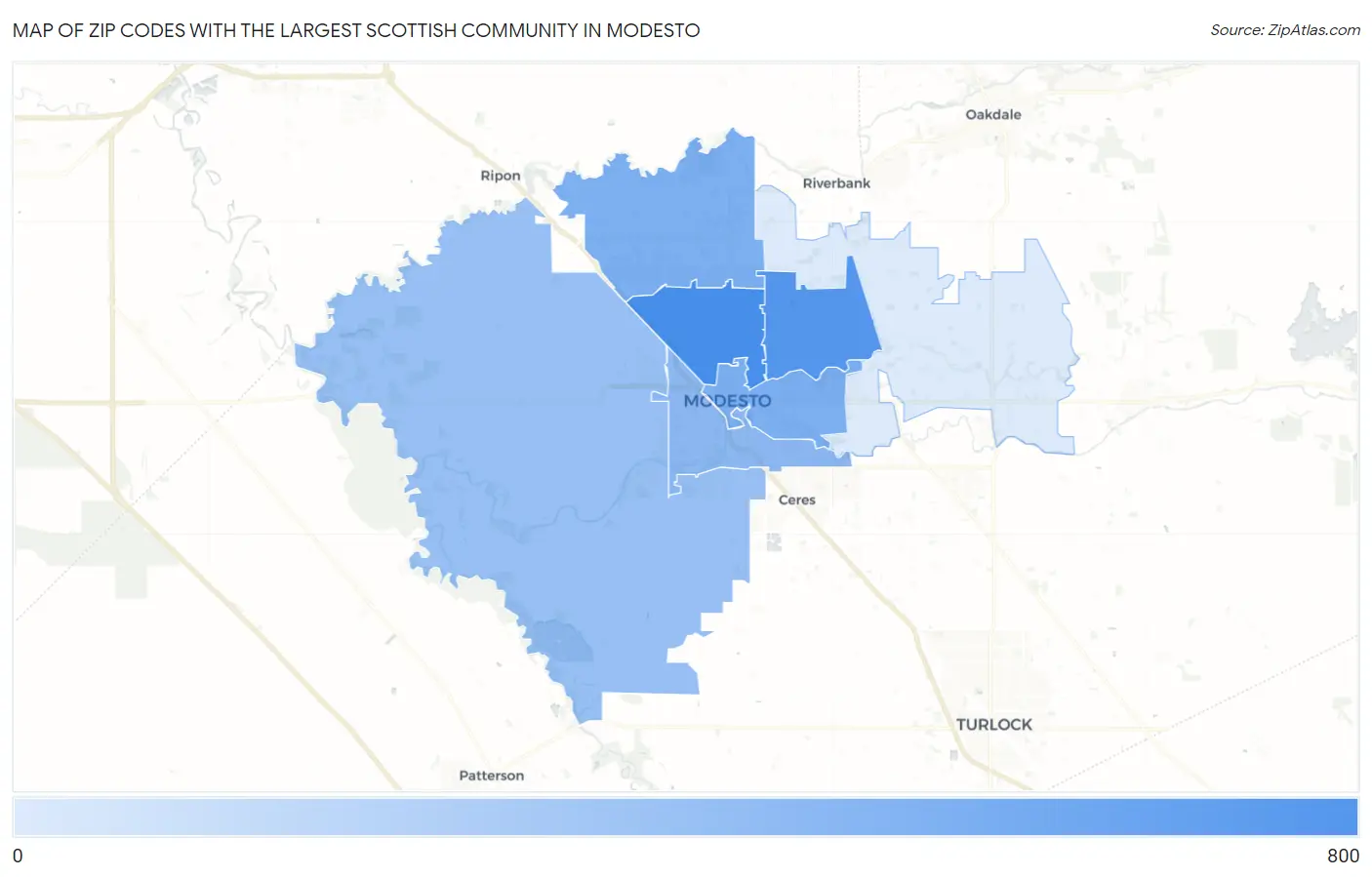 Zip Codes with the Largest Scottish Community in Modesto Map