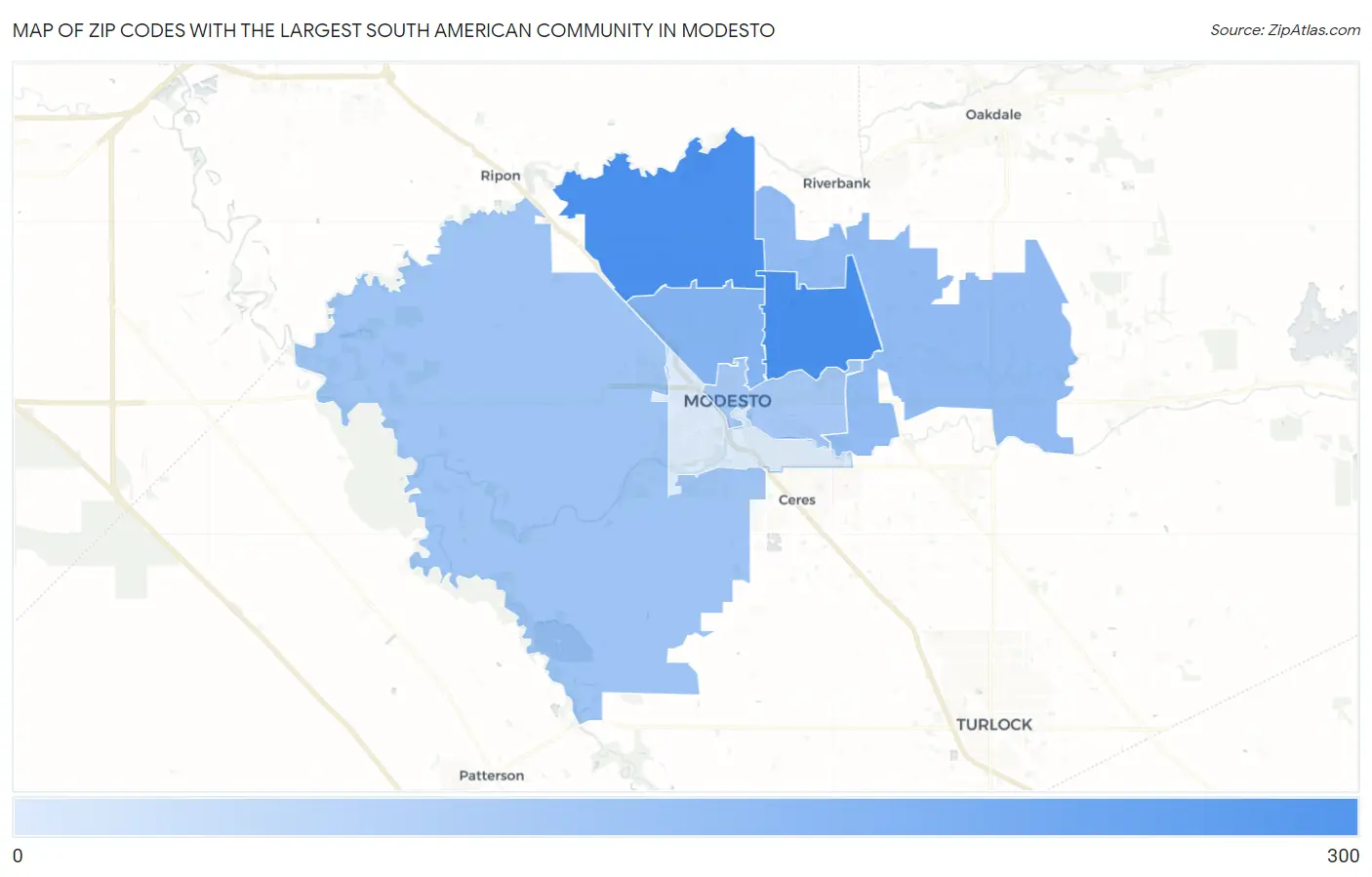 Zip Codes with the Largest South American Community in Modesto Map