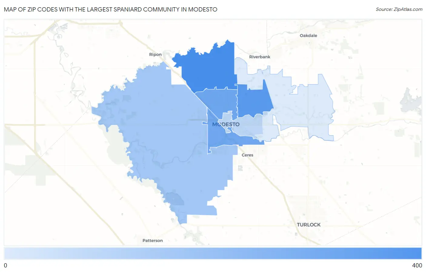 Zip Codes with the Largest Spaniard Community in Modesto Map