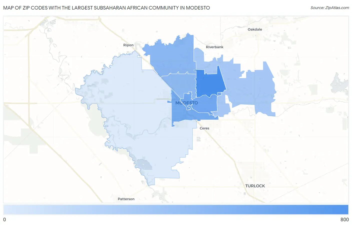 Zip Codes with the Largest Subsaharan African Community in Modesto Map