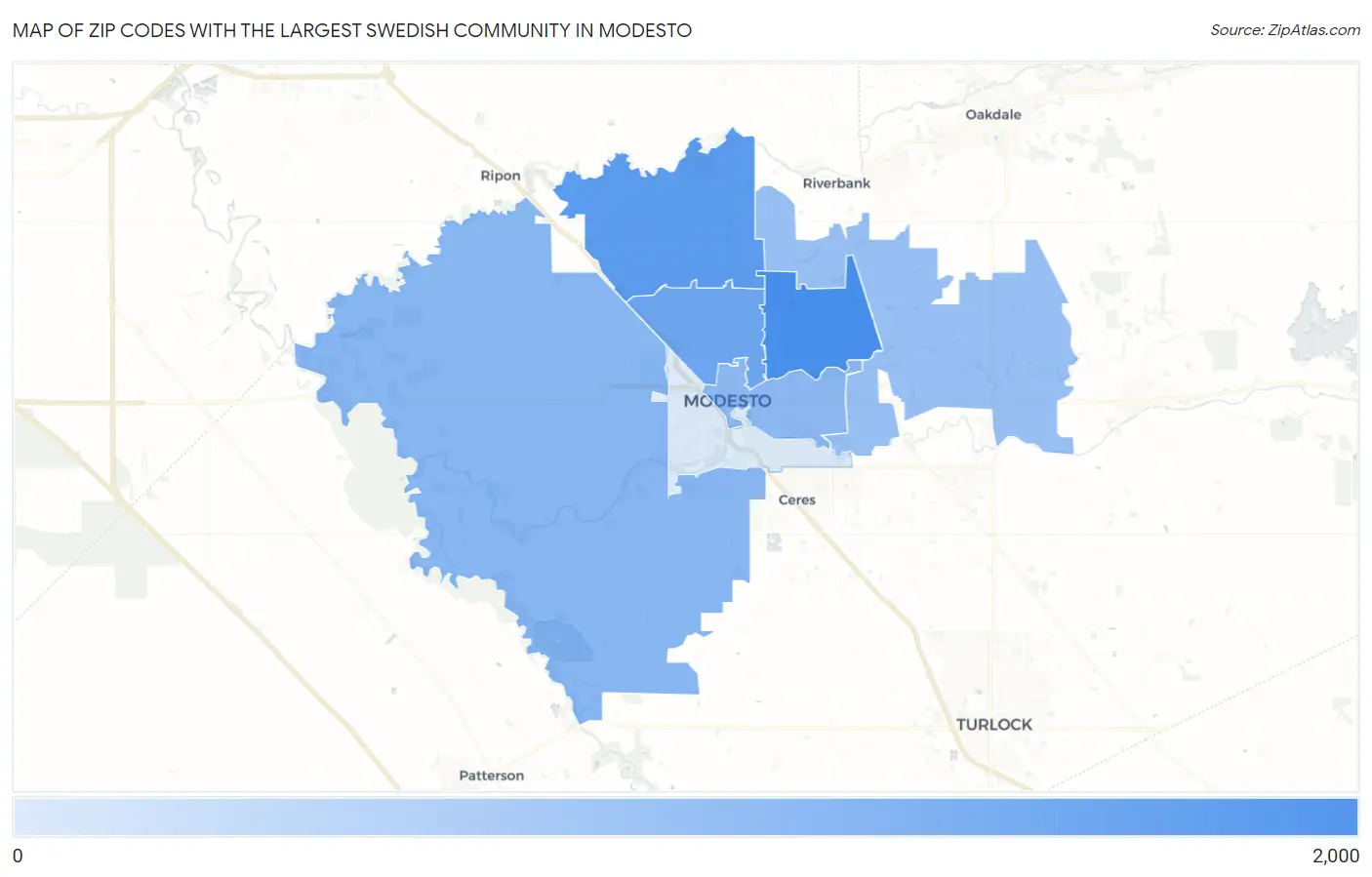 Zip Codes with the Largest Swedish Community in Modesto Map