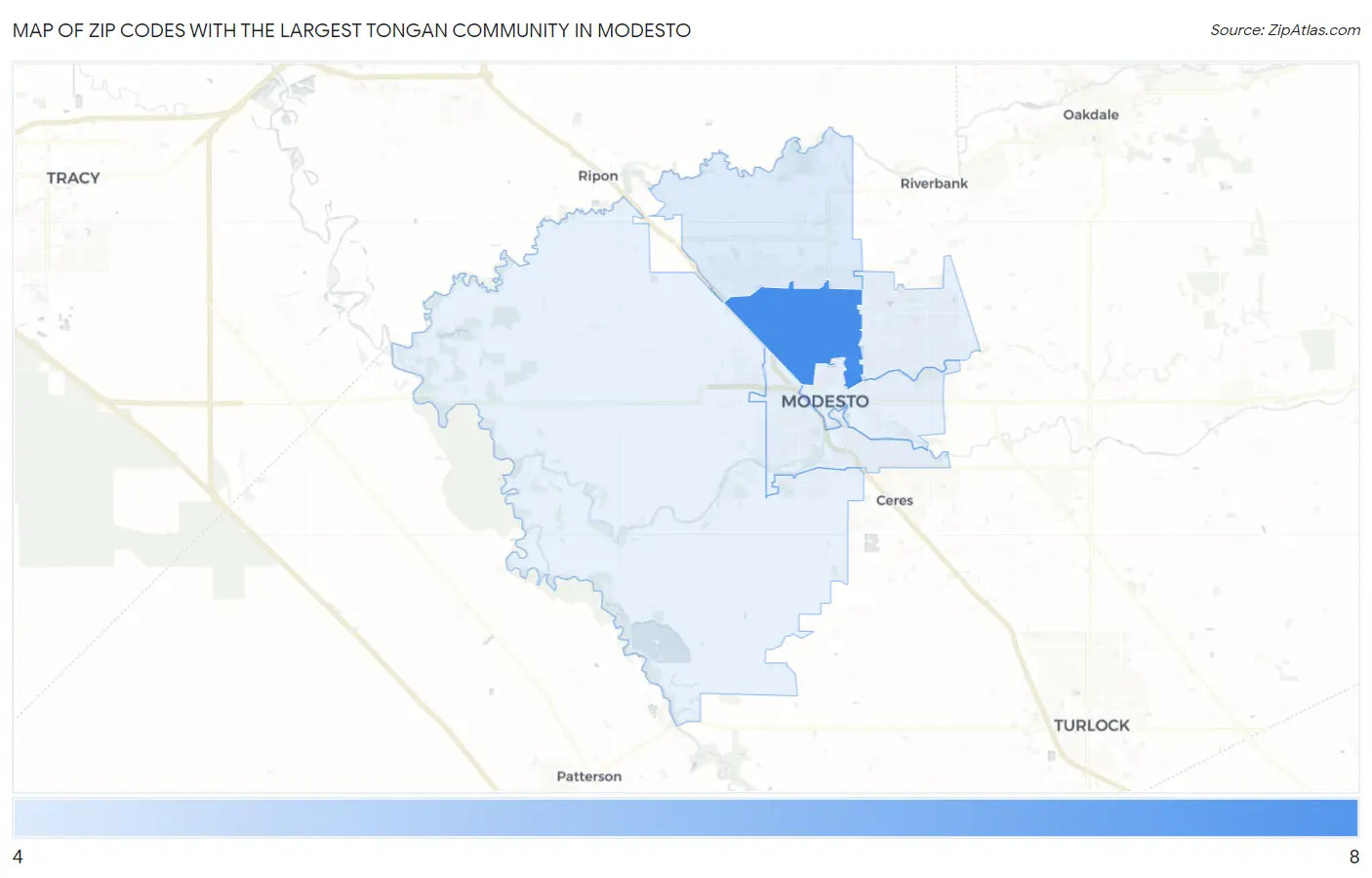 Zip Codes with the Largest Tongan Community in Modesto Map