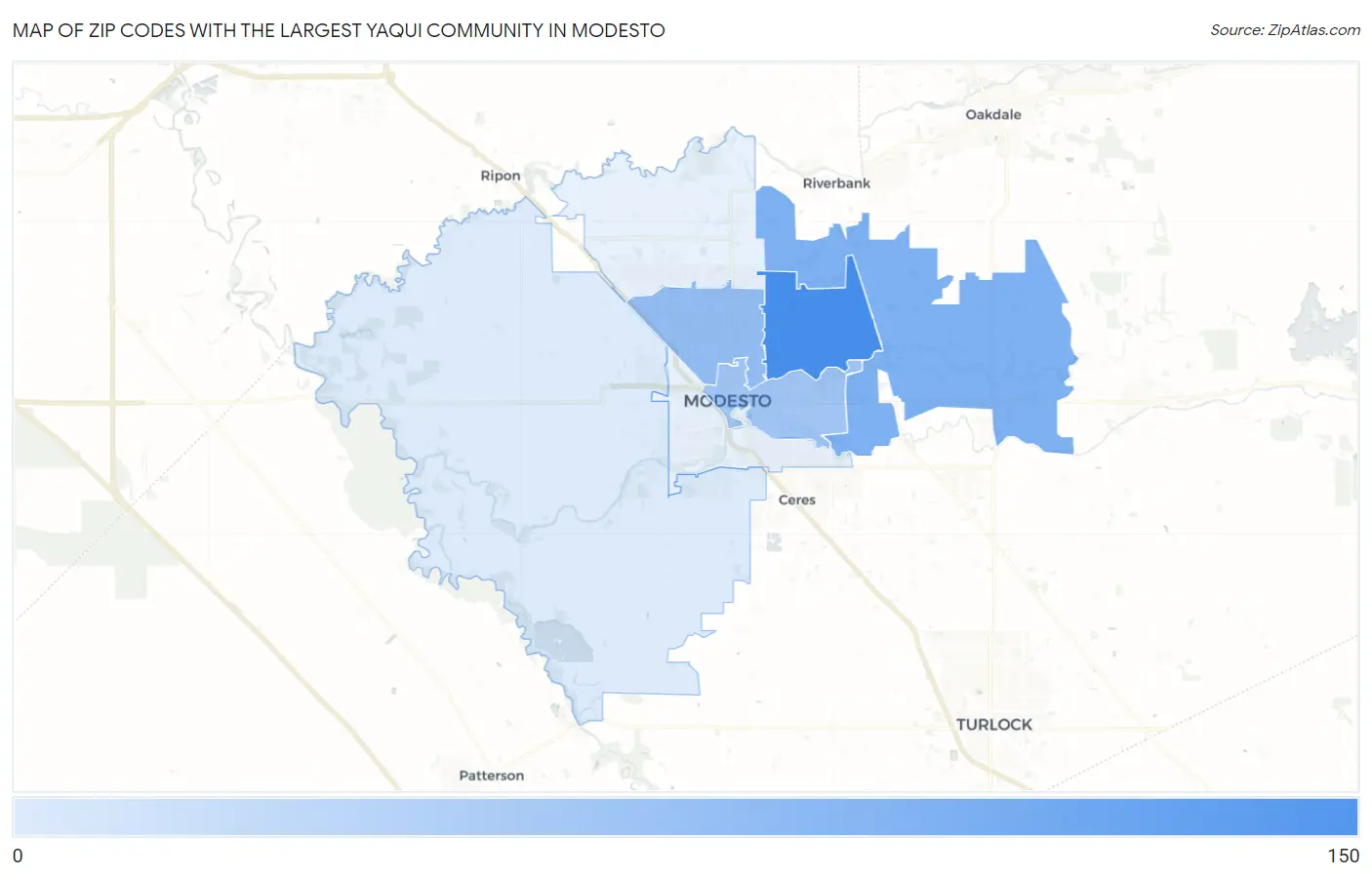 Zip Codes with the Largest Yaqui Community in Modesto Map