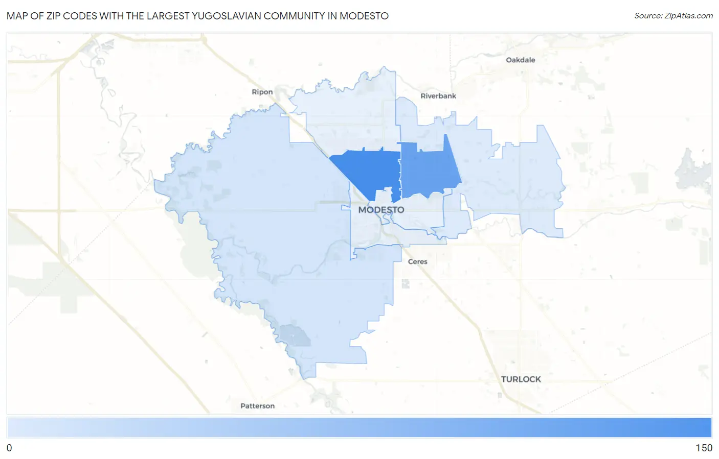 Zip Codes with the Largest Yugoslavian Community in Modesto Map