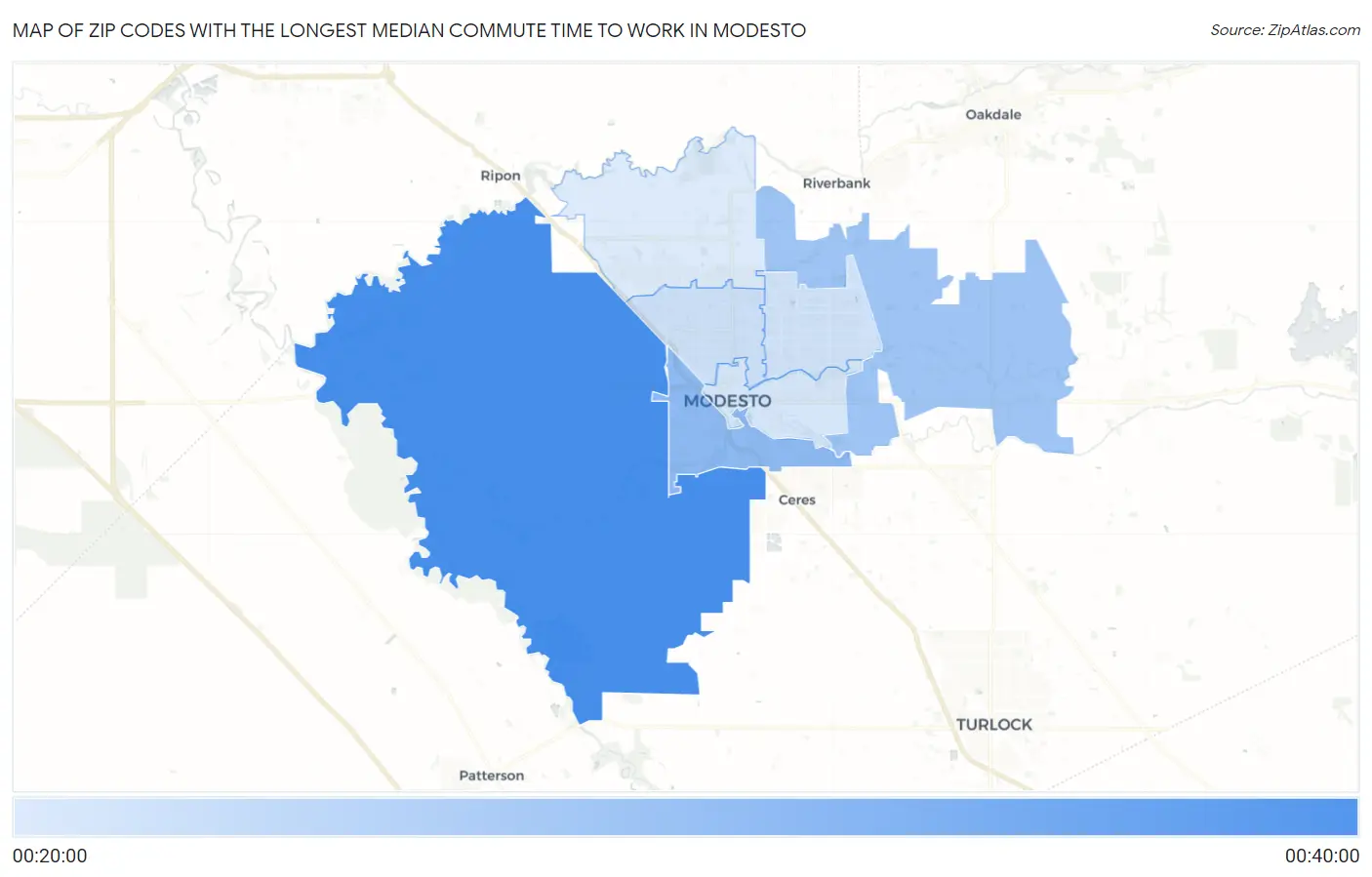 Zip Codes with the Longest Median Commute Time to Work in Modesto Map