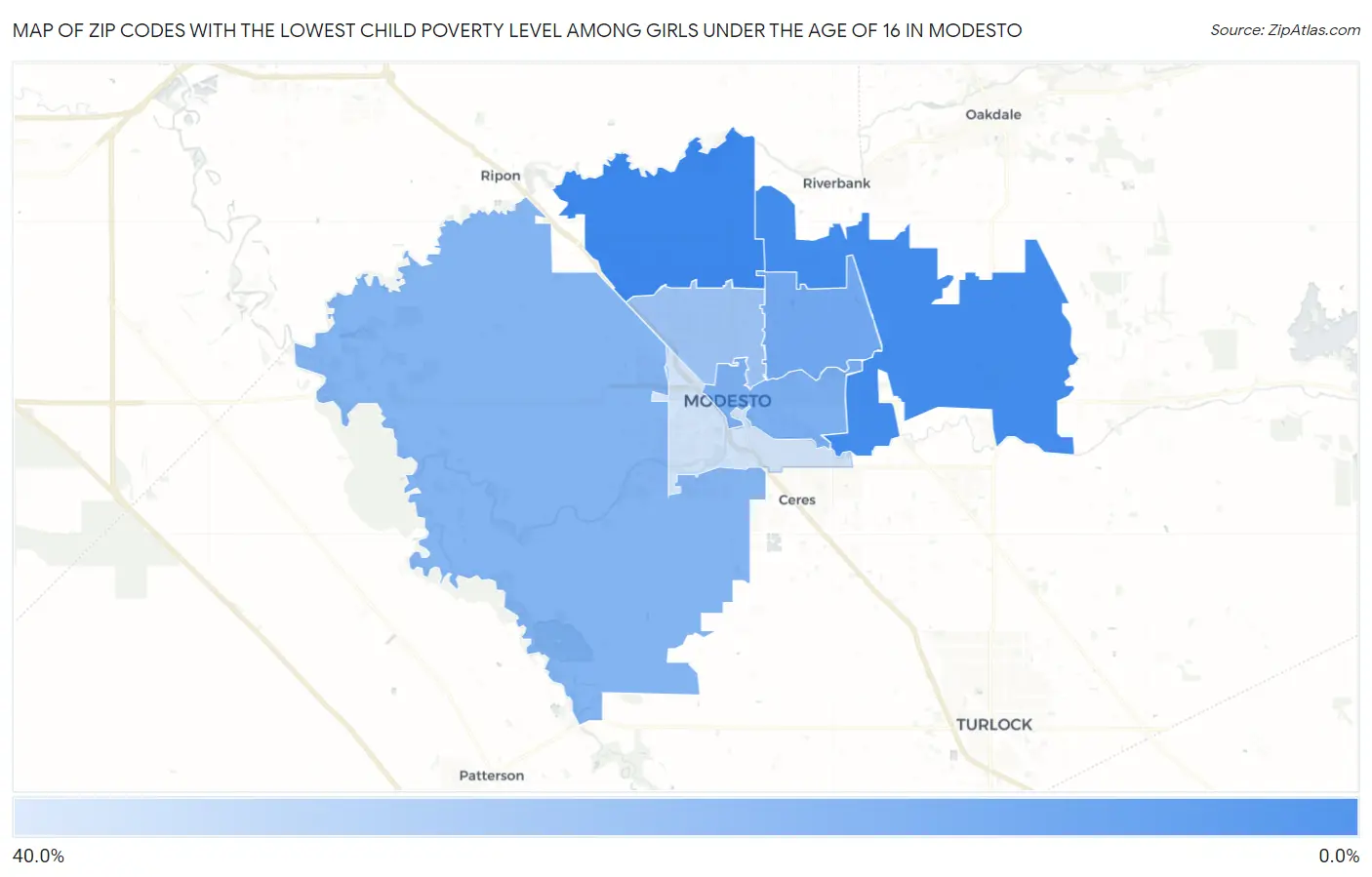 Zip Codes with the Lowest Child Poverty Level Among Girls Under the Age of 16 in Modesto Map