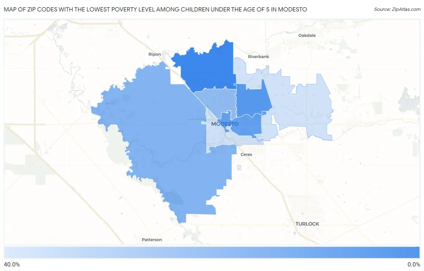 Zip Codes with the Lowest Poverty Level Among Children Under the Age of 5 in Modesto Map