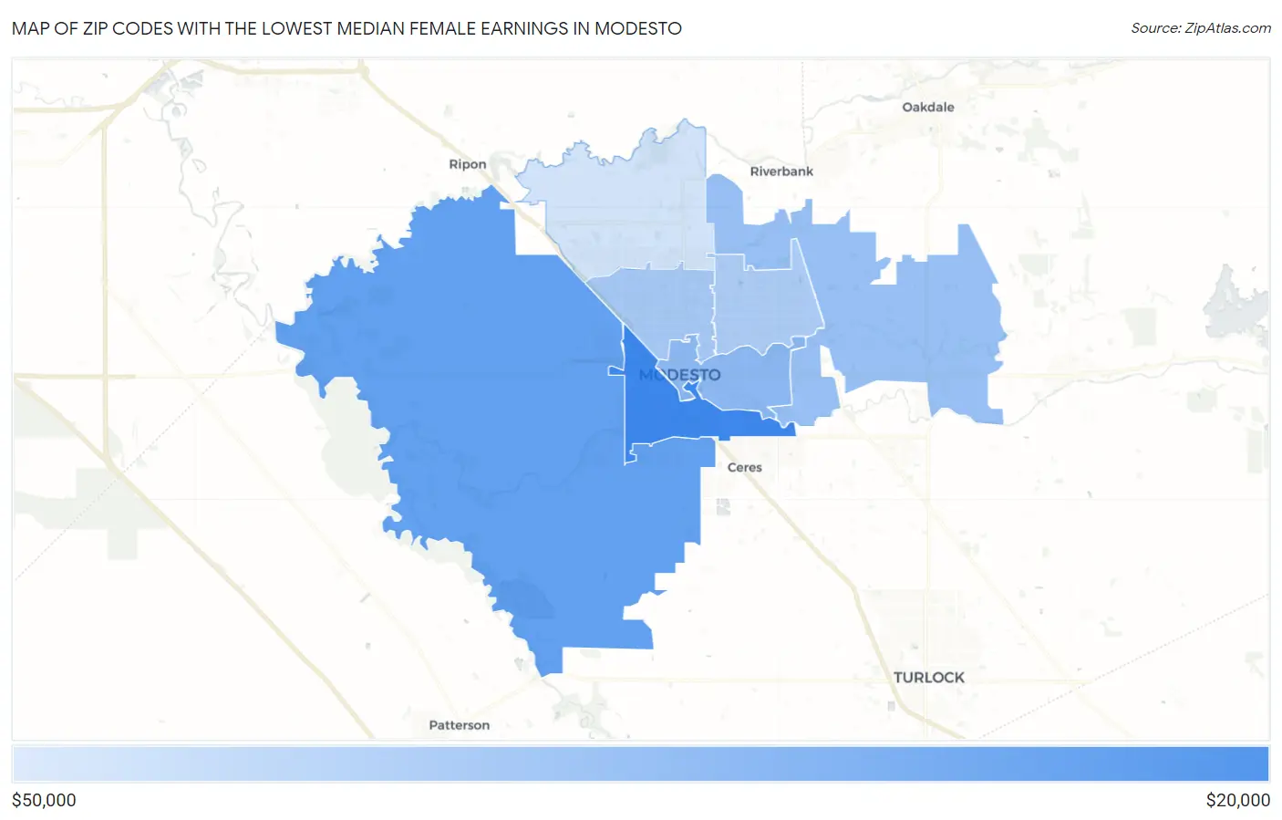 Zip Codes with the Lowest Median Female Earnings in Modesto Map