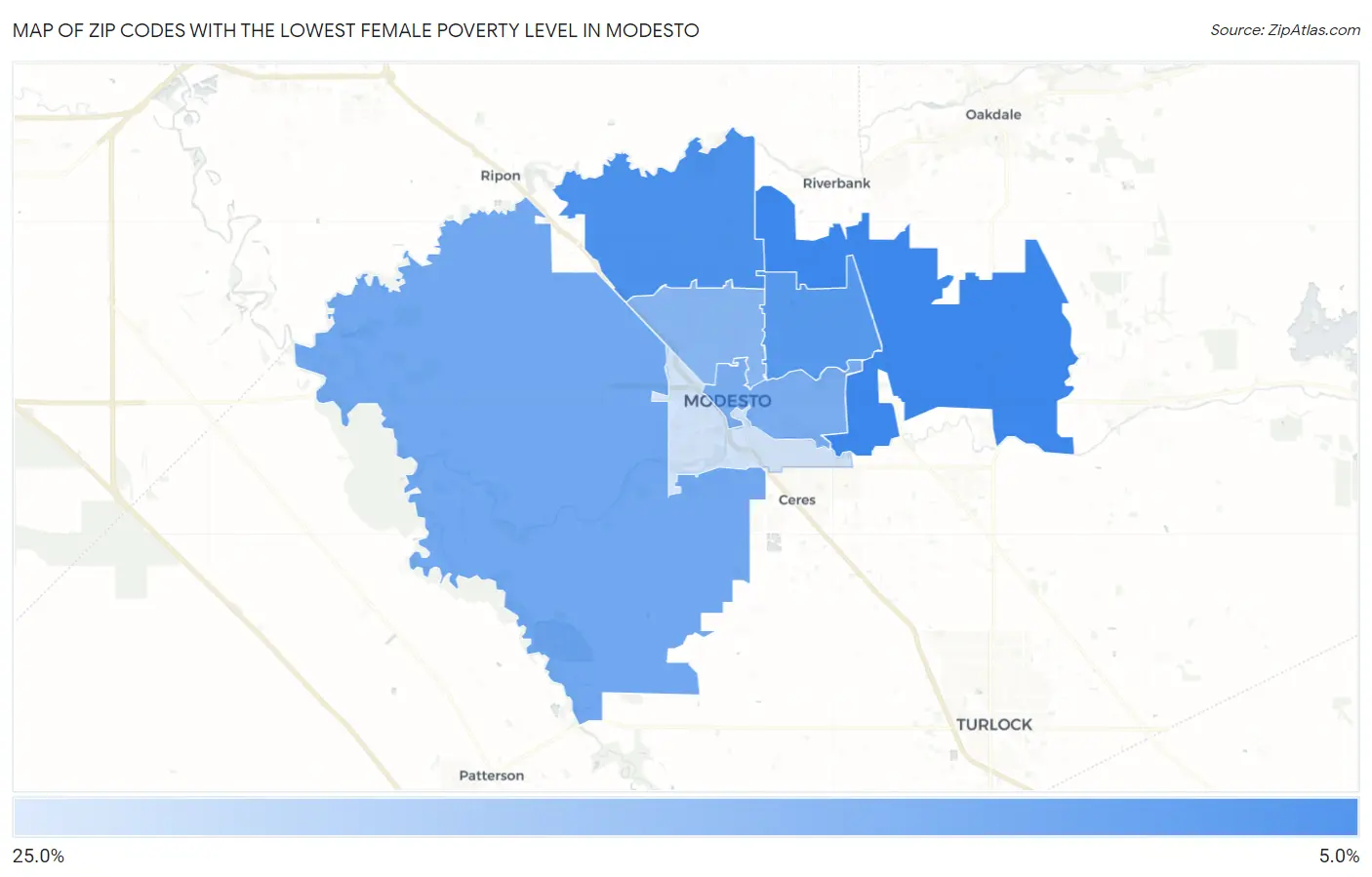 Zip Codes with the Lowest Female Poverty Level in Modesto Map