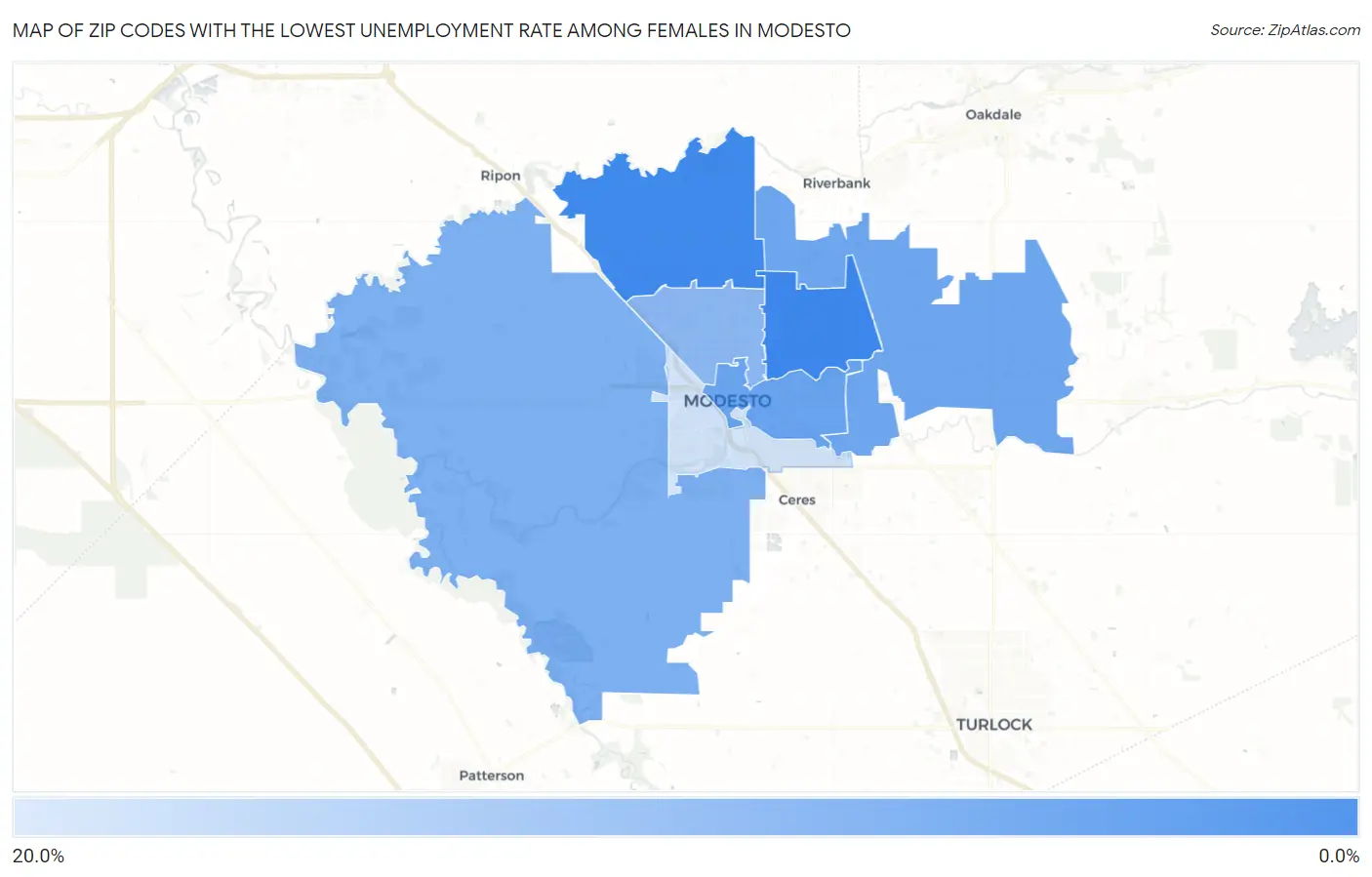 Zip Codes with the Lowest Unemployment Rate Among Females in Modesto Map