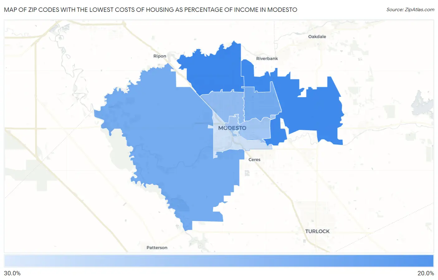Zip Codes with the Lowest Costs of Housing as Percentage of Income in Modesto Map