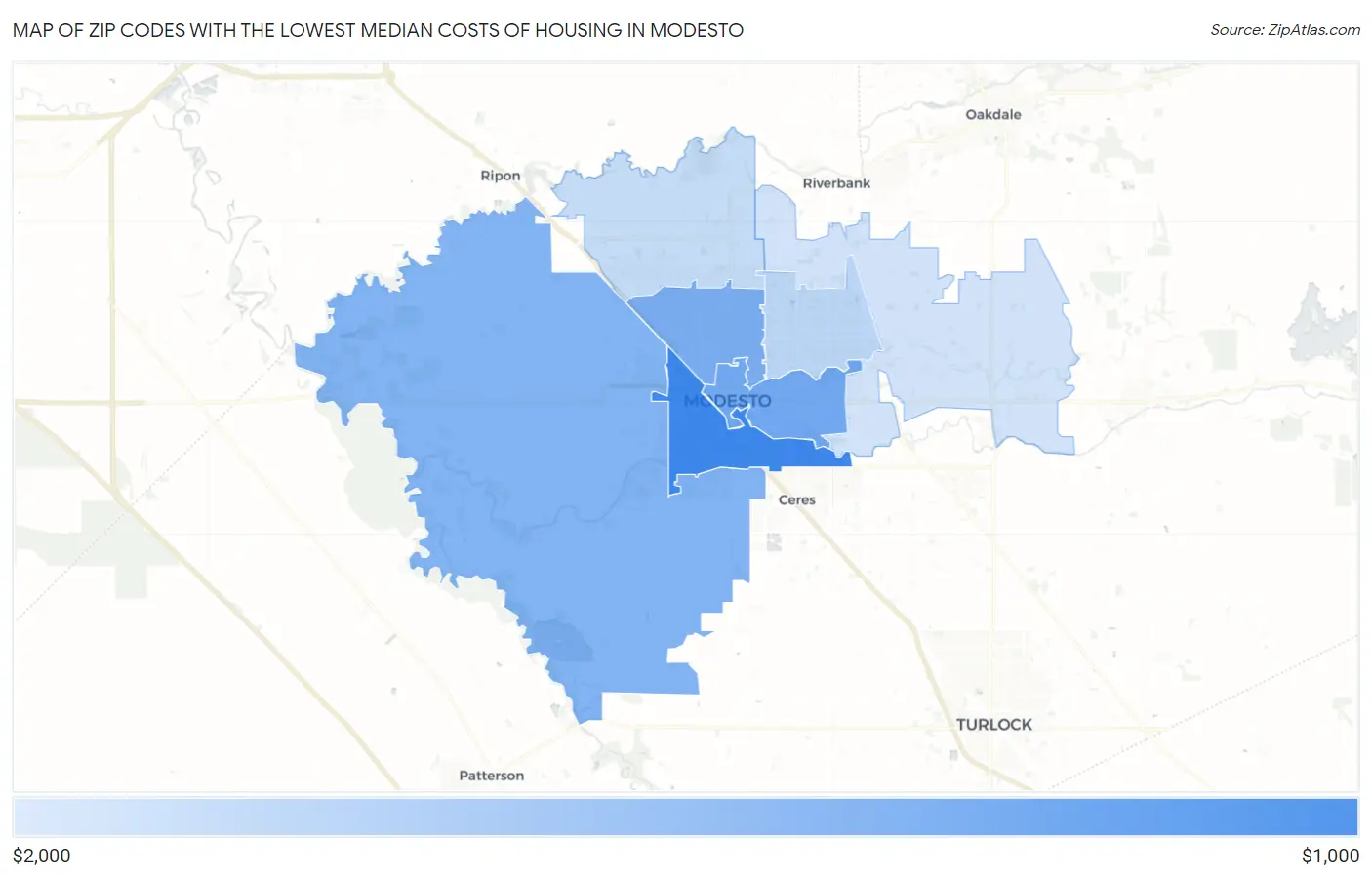 Zip Codes with the Lowest Median Costs of Housing in Modesto Map