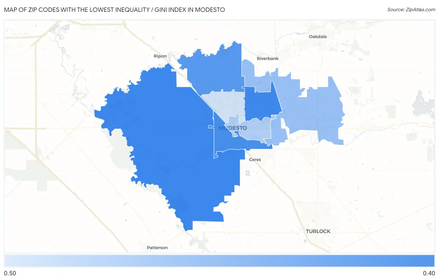 Zip Codes with the Lowest Inequality / Gini Index in Modesto Map