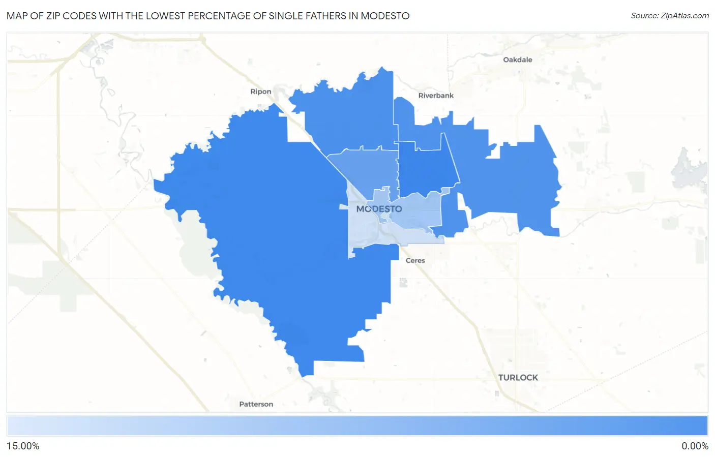 Zip Codes with the Lowest Percentage of Single Fathers in Modesto Map