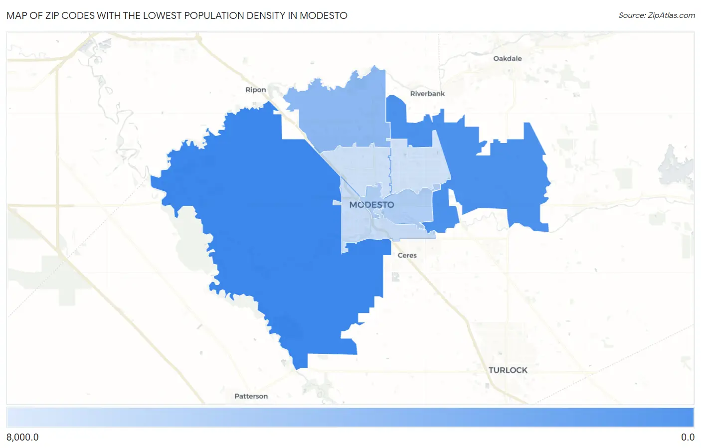 Zip Codes with the Lowest Population Density in Modesto Map