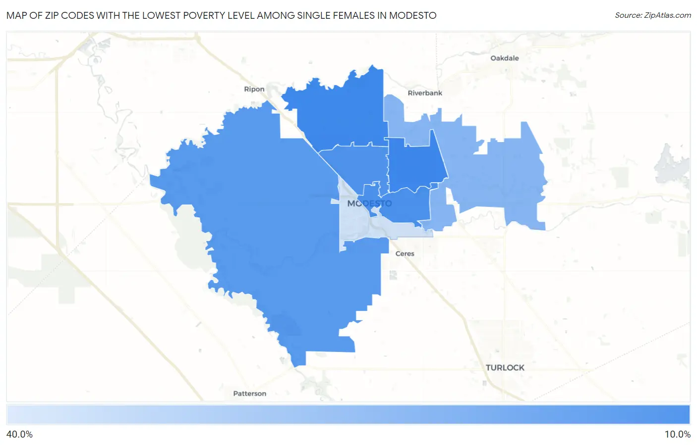 Zip Codes with the Lowest Poverty Level Among Single Females in Modesto Map