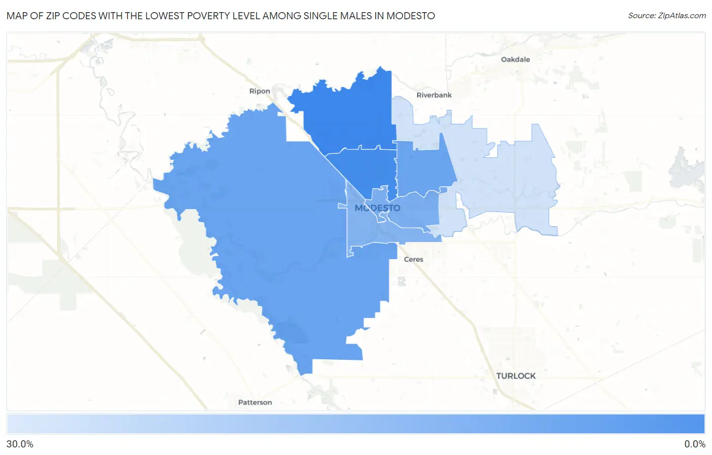 Zip Codes with the Lowest Poverty Level Among Single Males in Modesto Map