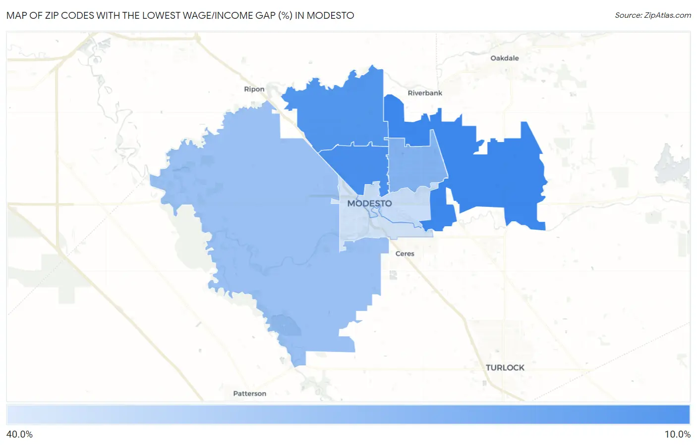 Zip Codes with the Lowest Wage/Income Gap (%) in Modesto Map