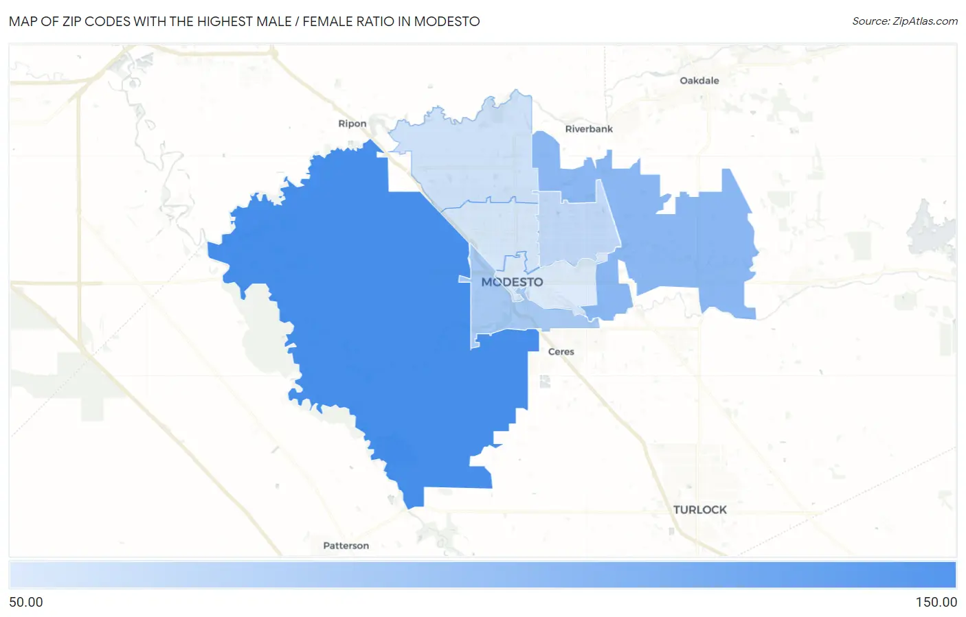 Zip Codes with the Highest Male / Female Ratio in Modesto Map